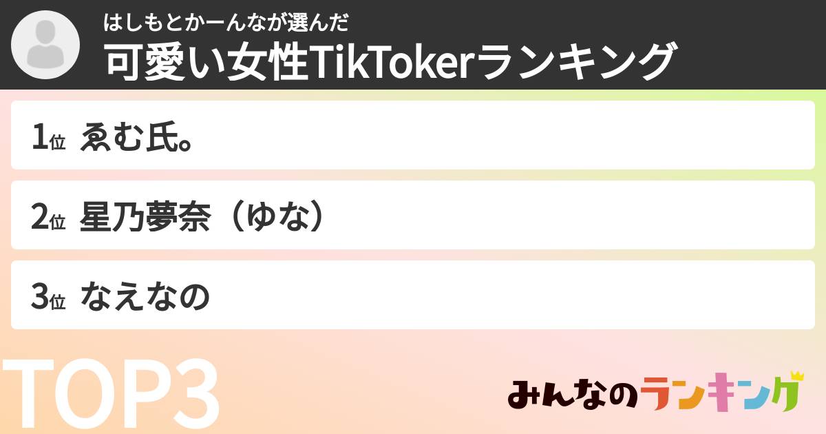 はしもとかーんなさんの「可愛い女性TikTokerランキング」