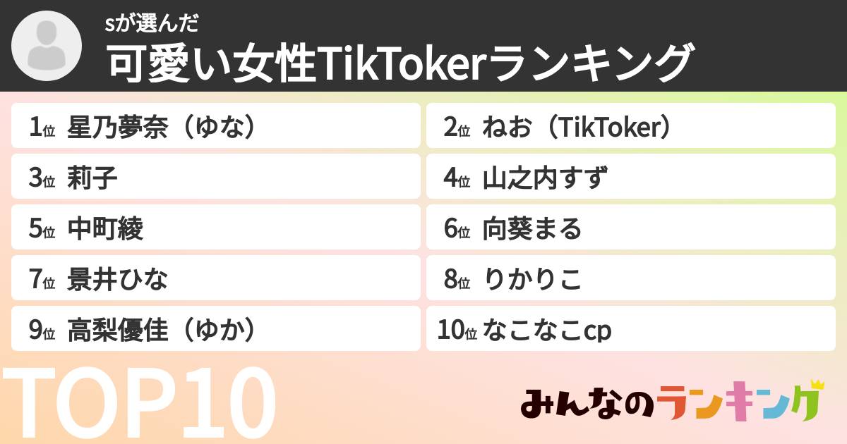 sさんの「可愛い女性TikTokerランキング」