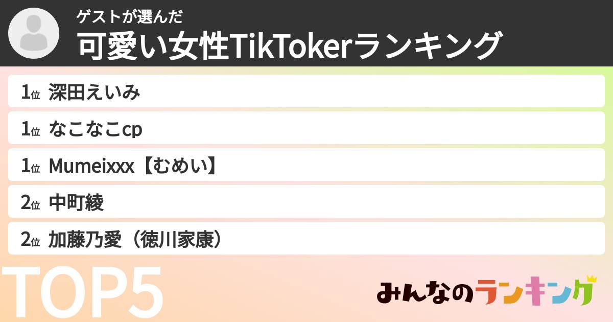 ゲストさんの「可愛い女性TikTokerランキング」