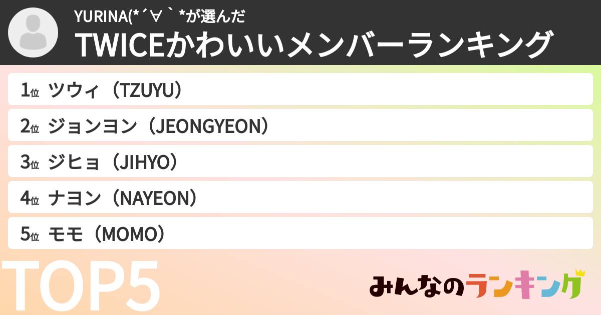 YURINA(*´∀｀*さんの「TWICEかわいいメンバーランキング」