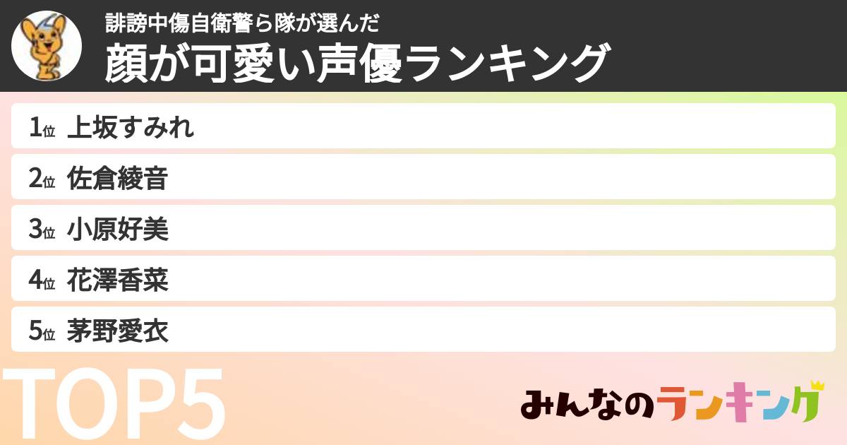 誹謗中傷自衛警ら隊さんの「顔が可愛い声優ランキング」