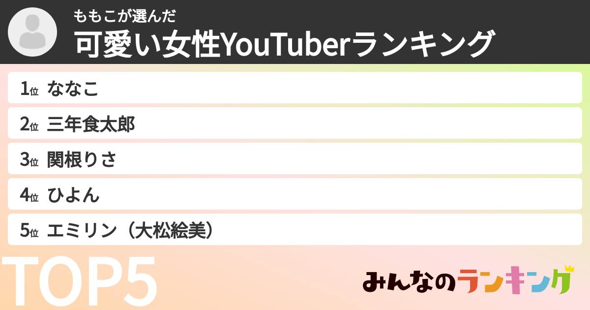 ももこさんの「可愛い女性YouTuberランキング」