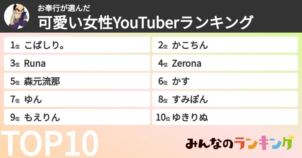 お奉行さんの「可愛い女性YouTuberランキング」