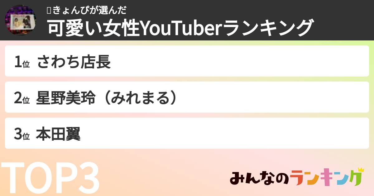 🐖きょんぴさんの「可愛い女性YouTuberランキング」