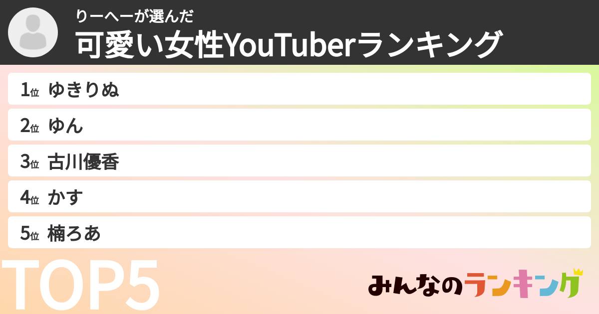 りーへーさんの「可愛い女性YouTuberランキング」
