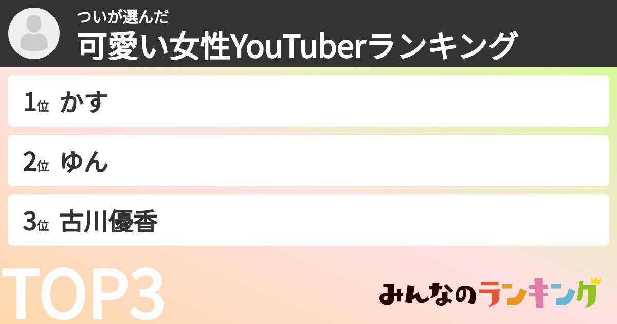ついさんの「可愛い女性YouTuberランキング」
