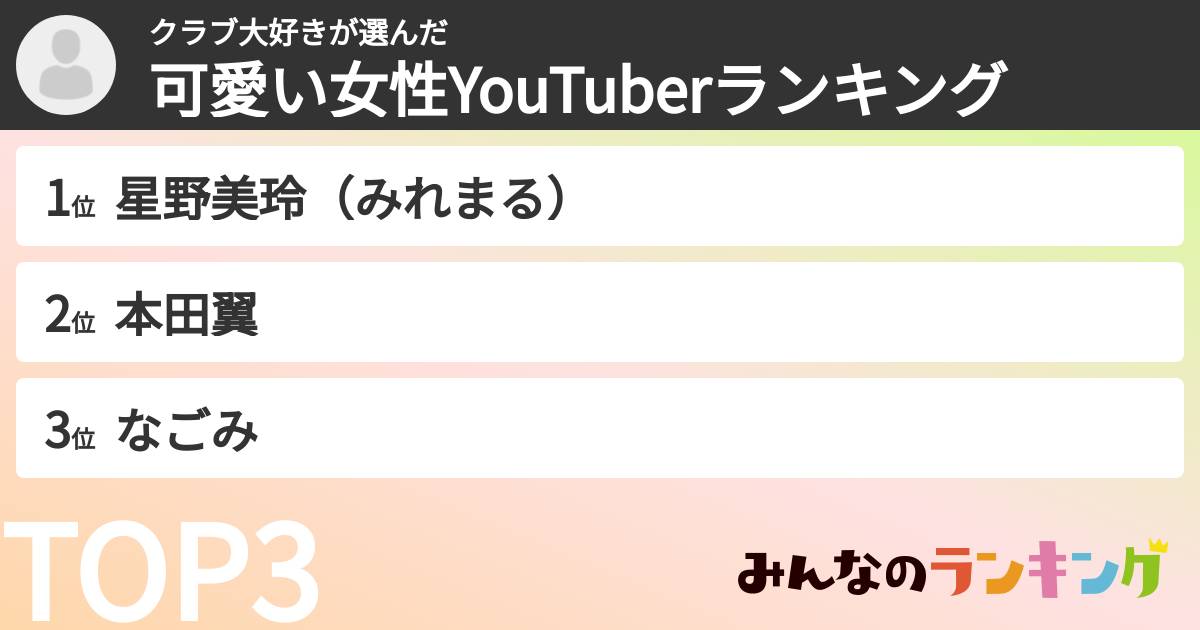 クラブ大好きさんの「可愛い女性YouTuberランキング」