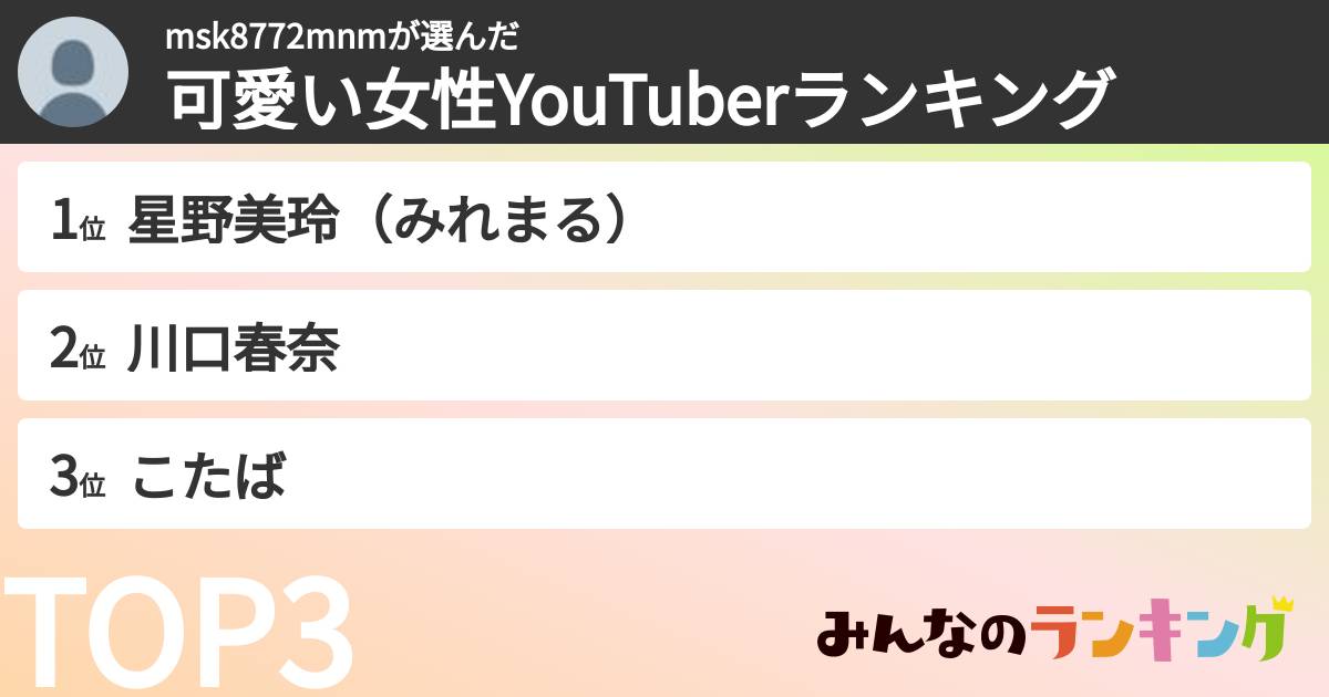 msk8772mnmさんの「可愛い女性YouTuberランキング」
