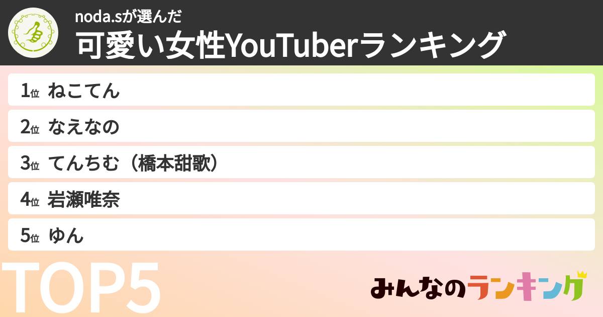 noda.sさんの「可愛い女性YouTuberランキング」