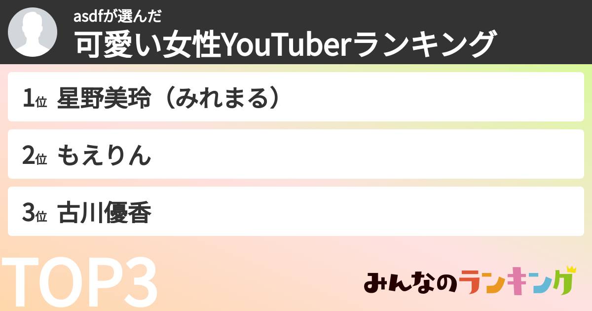 asdfさんの「可愛い女性YouTuberランキング」