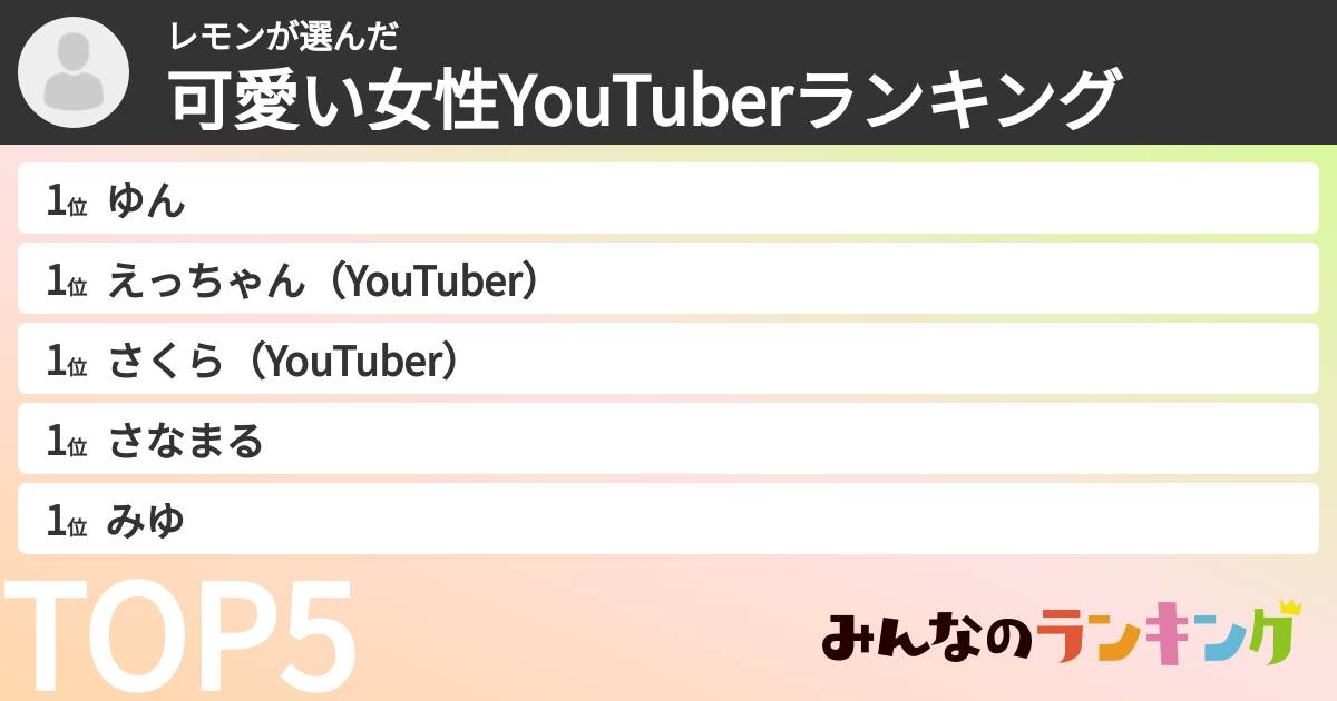 レモンさんの「可愛い女性YouTuberランキング」