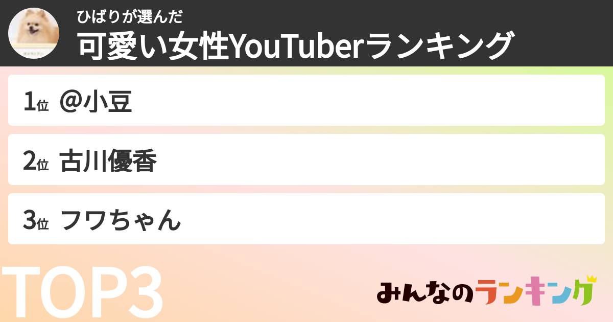 ひばりさんの「可愛い女性YouTuberランキング」