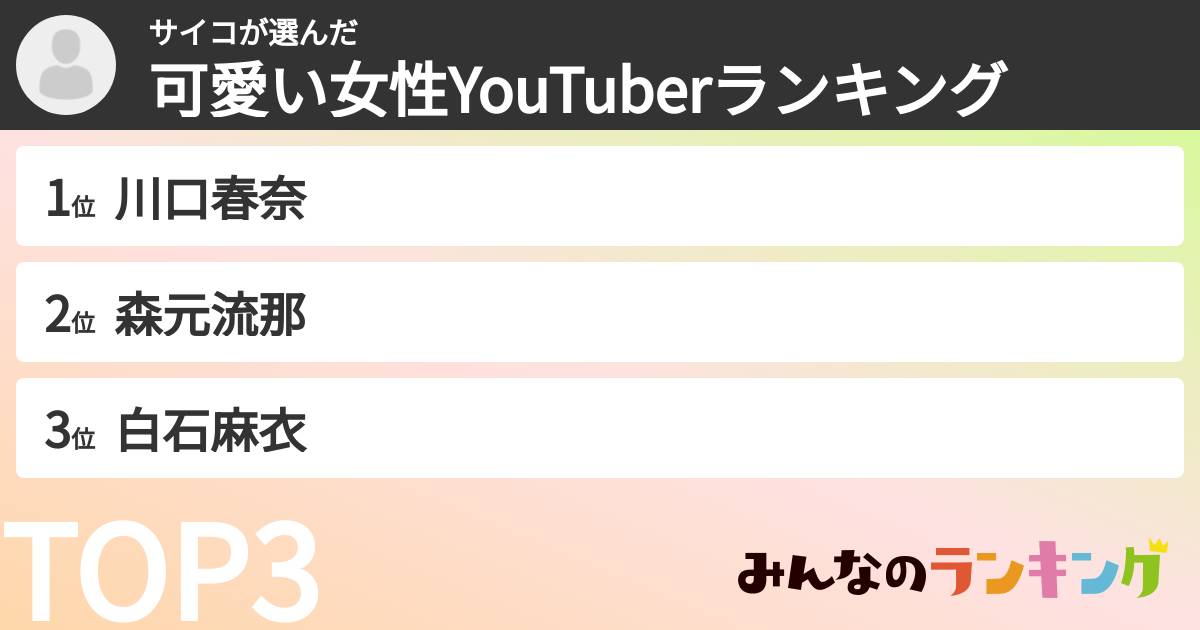 サイコさんの「可愛い女性YouTuberランキング」