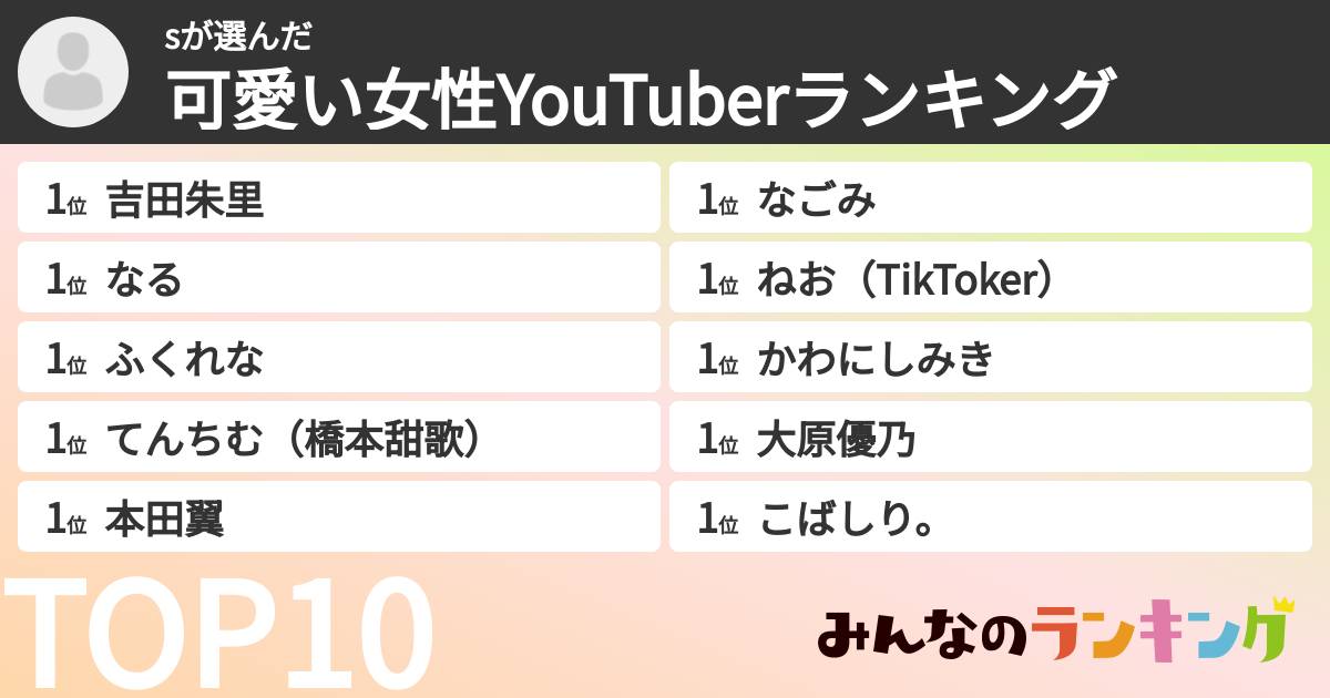 sさんの「可愛い女性YouTuberランキング」
