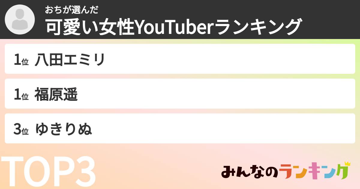 おちさんの「可愛い女性YouTuberランキング」