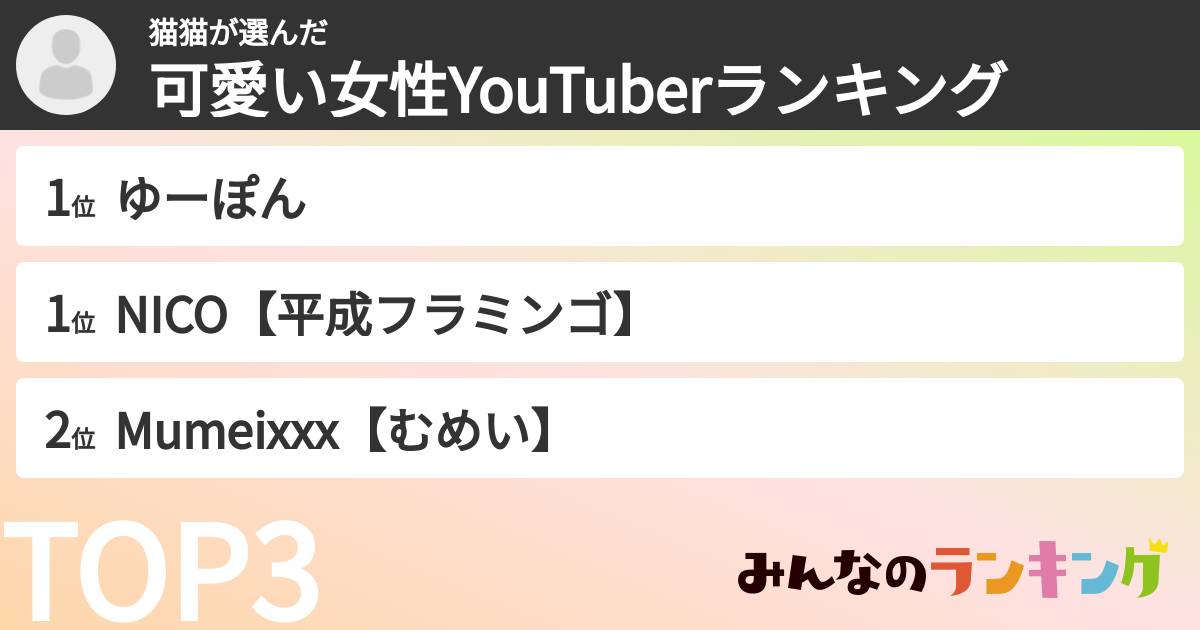 猫猫さんの「可愛い女性YouTuberランキング」
