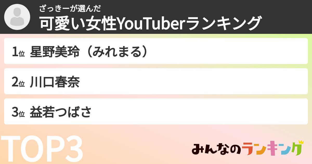 ざっきーさんの「可愛い女性YouTuberランキング」
