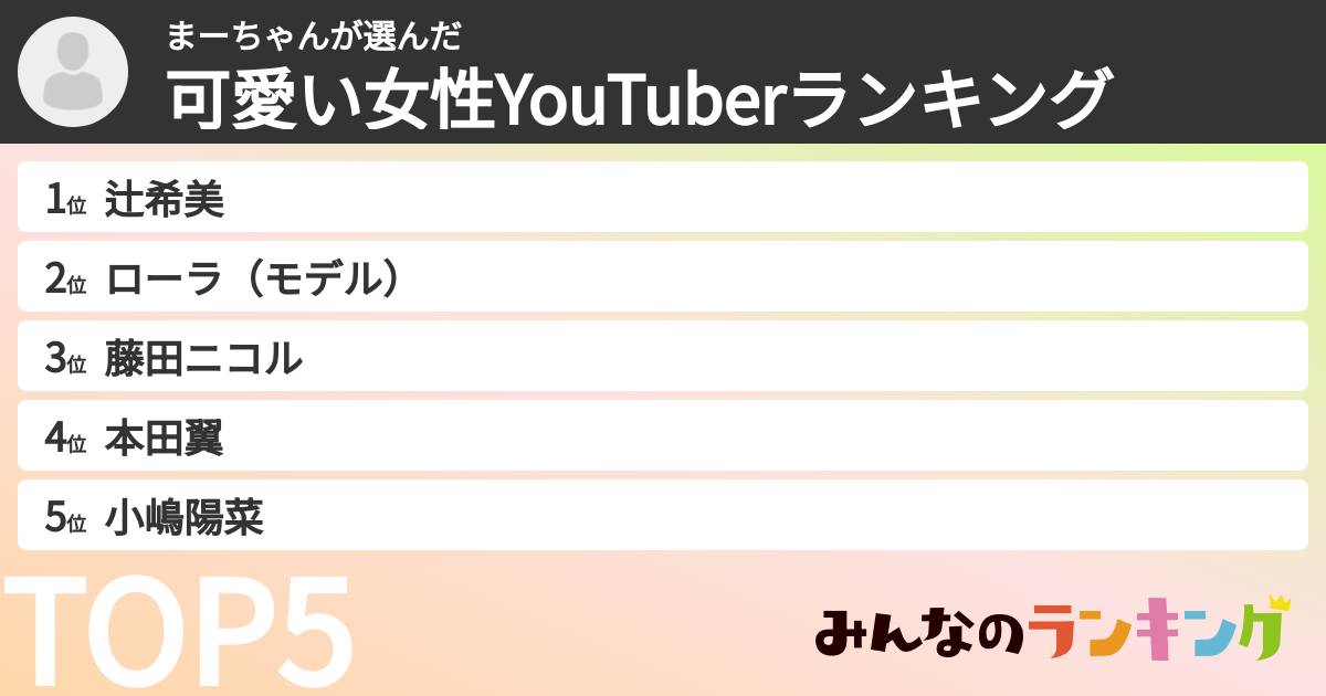 まーちゃんさんの「可愛い女性YouTuberランキング」