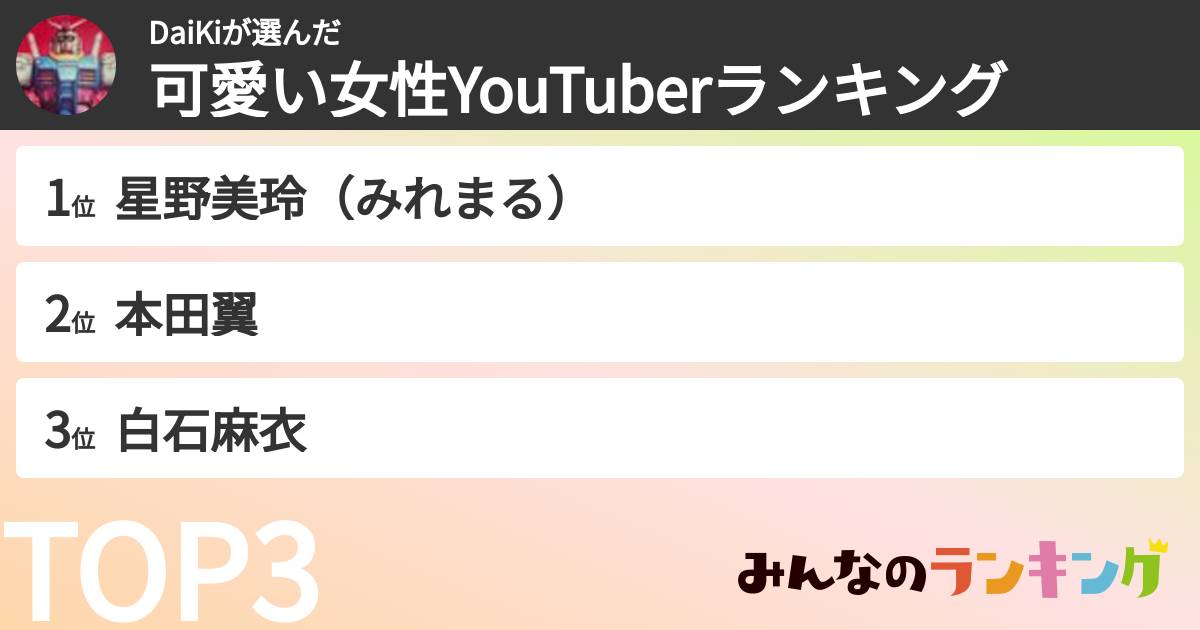 DaiKiさんの「可愛い女性YouTuberランキング」