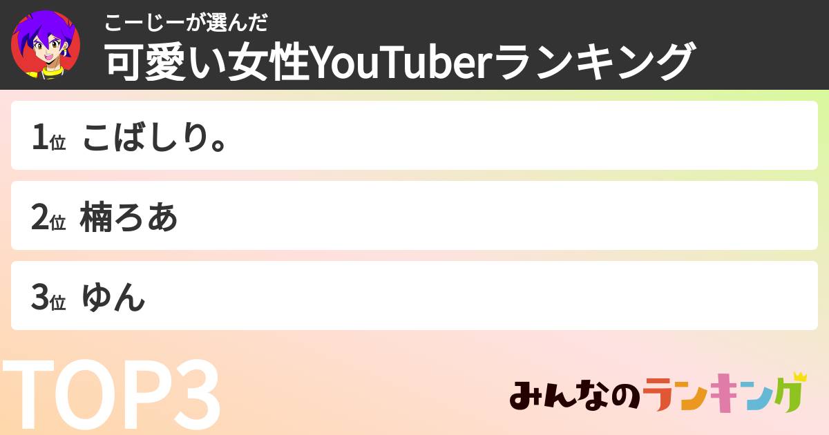 こーじーさんの「可愛い女性YouTuberランキング」