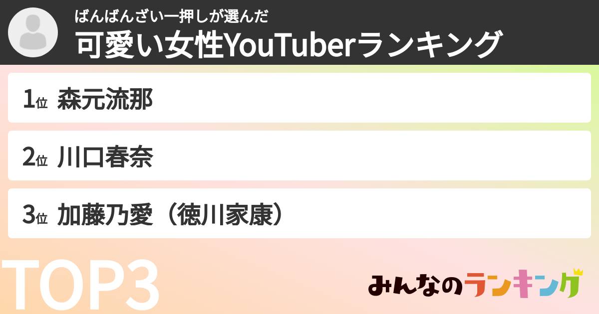 ばんばんざい一押しさんの「可愛い女性YouTuberランキング」
