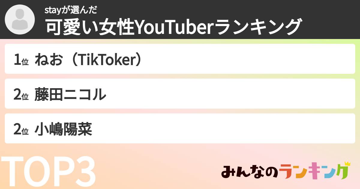 stayさんの「可愛い女性YouTuberランキング」