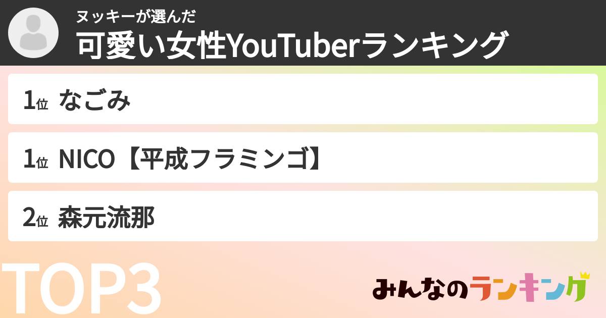 ヌッキーさんの「可愛い女性YouTuberランキング」