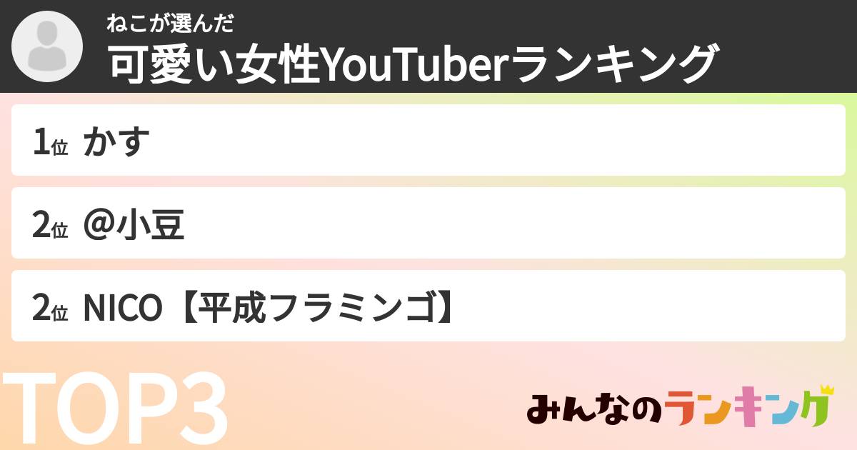 ねこさんの「可愛い女性YouTuberランキング」