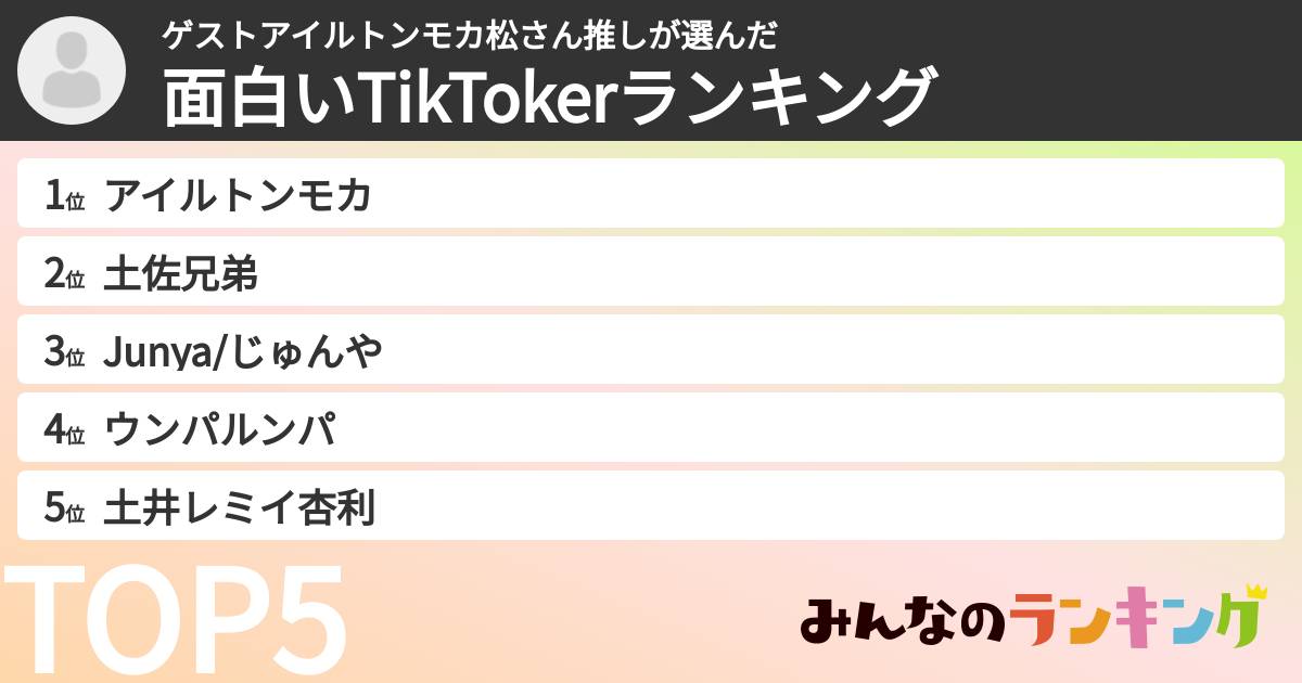 ゲストアイルトンモカ松さん推しさんの「面白いTikTokerランキング」