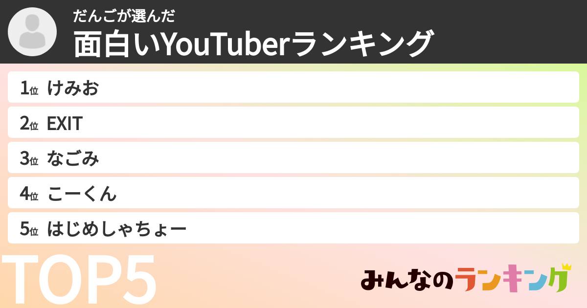 だんごさんの「面白いYouTuberランキング」