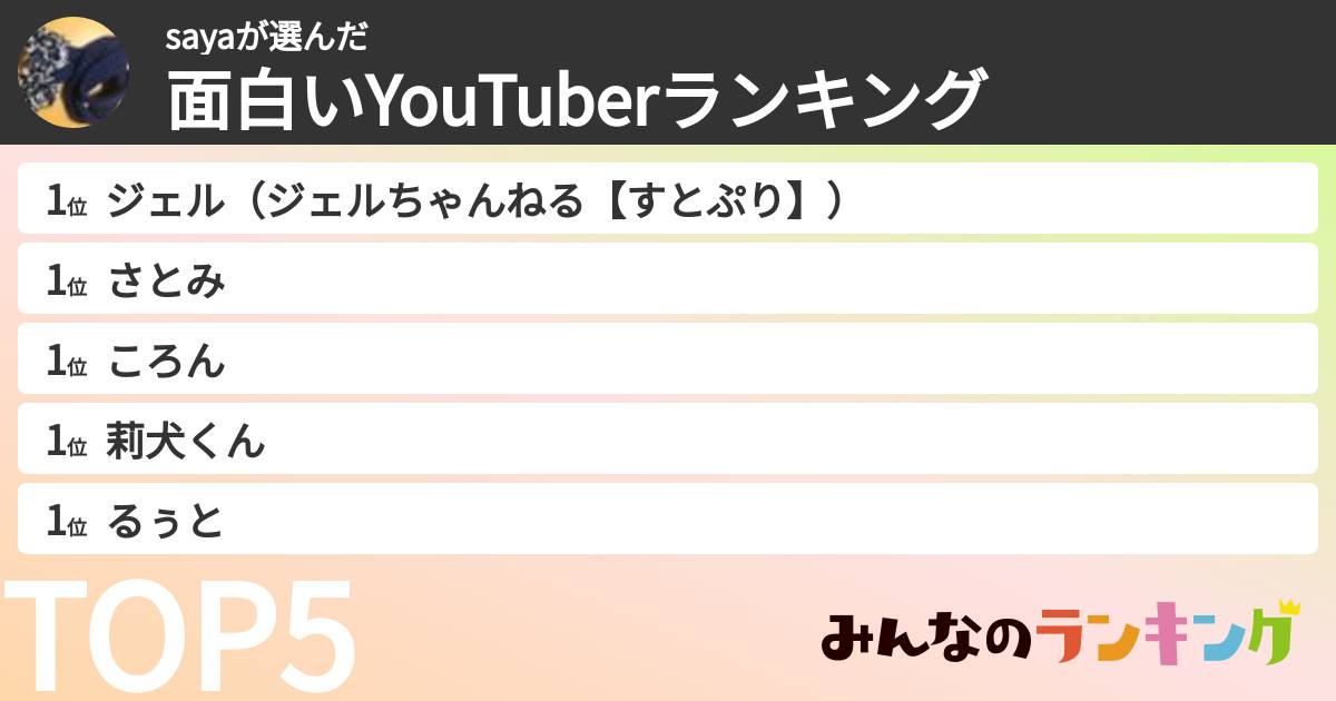 sayaさんの「面白いYouTuberランキング」
