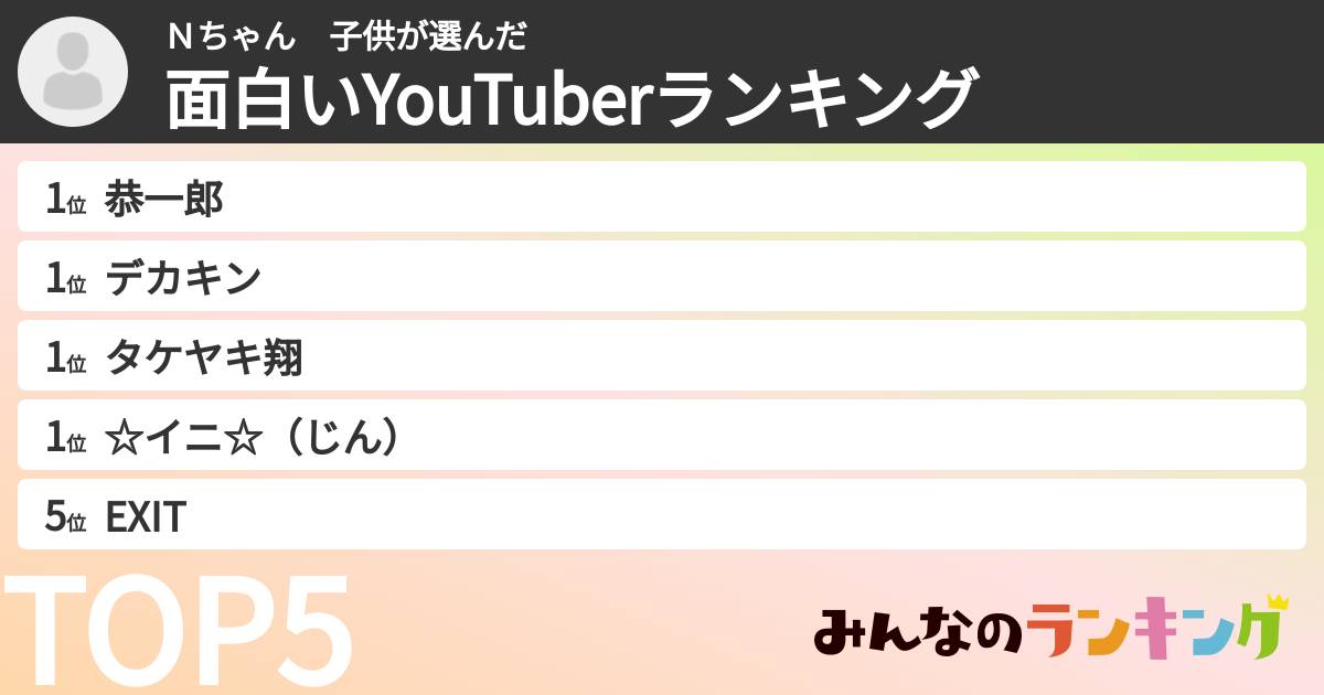 Ｎちゃん　子供さんの「面白いYouTuberランキング」