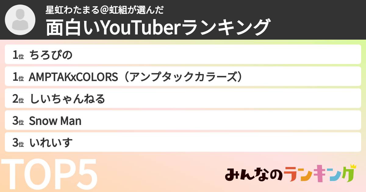 星虹わたまる＠虹組さんの「面白いYouTuberランキング」