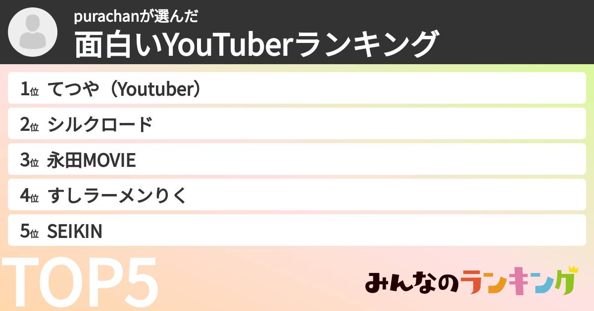 purachanさんの「面白いYouTuberランキング」