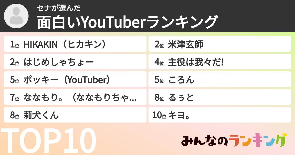 セナさんの「面白いYouTuberランキング」