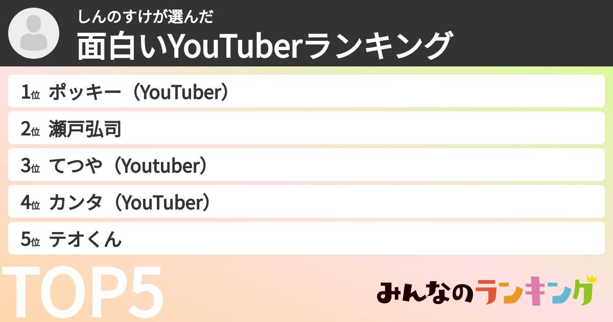 しんのすけさんの「面白いYouTuberランキング」
