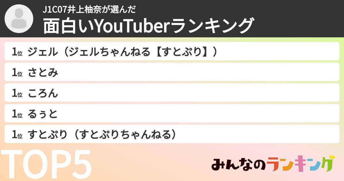 J1C07井上柚奈さんの「面白いYouTuberランキング」