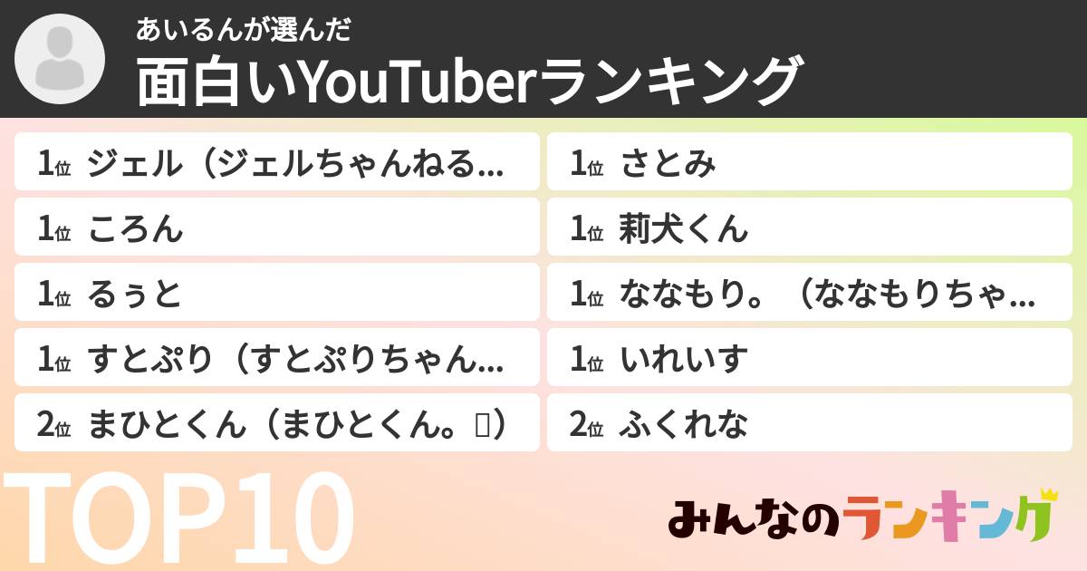 あいるんさんの「面白いYouTuberランキング」