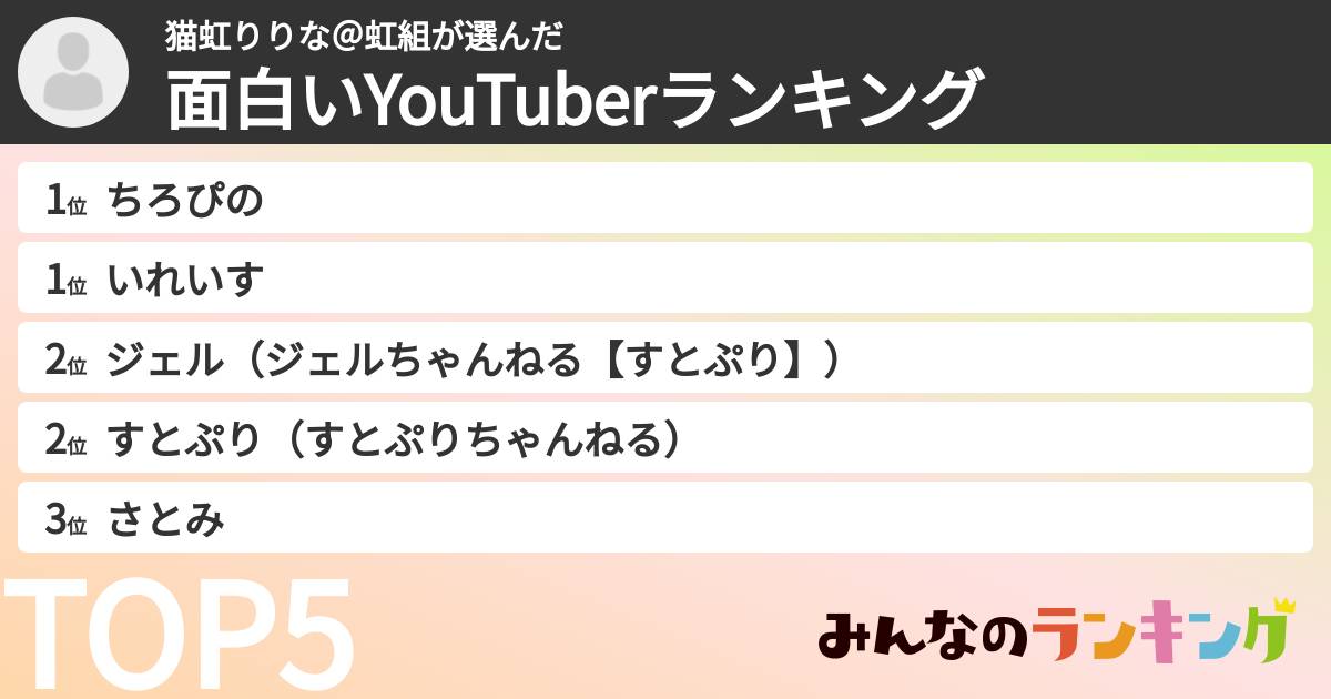 猫虹りりな＠虹組さんの「面白いYouTuberランキング」