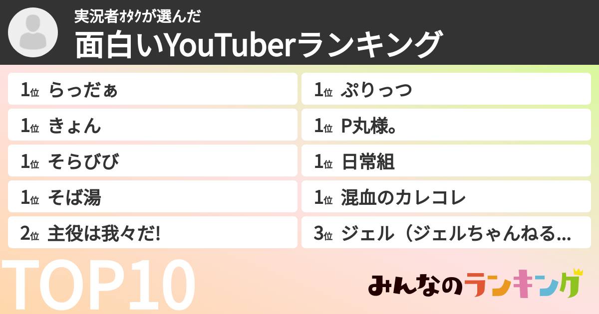 実況者オタクさんの「面白いYouTuberランキング」