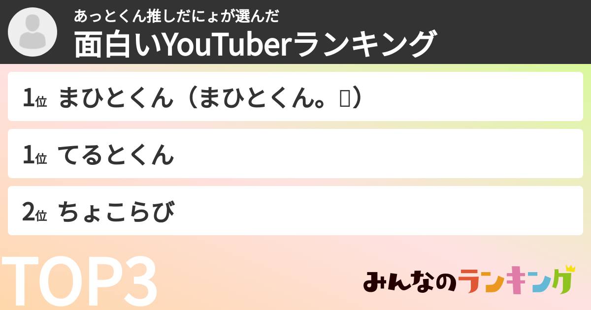 あっとくん推しだにょさんの「面白いYouTuberランキング」