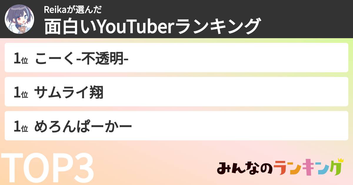 Reikaさんの「面白いYouTuberランキング」