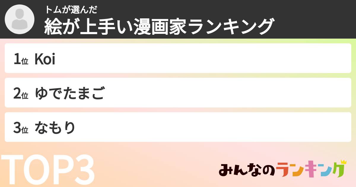 トムさんの「絵が上手い漫画家ランキング」