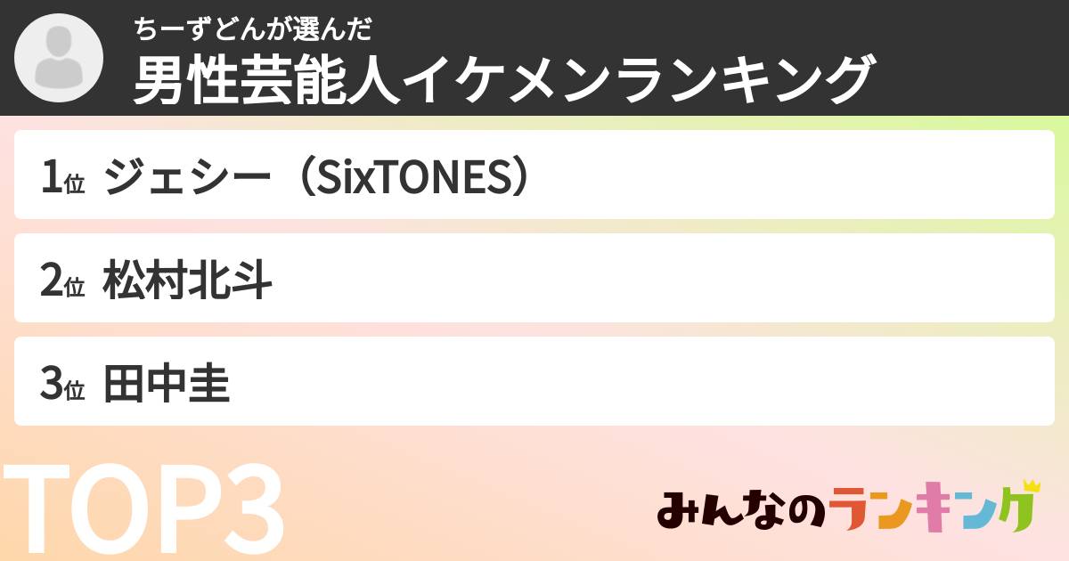 ちーずどんさんの「男性芸能人イケメンランキング」