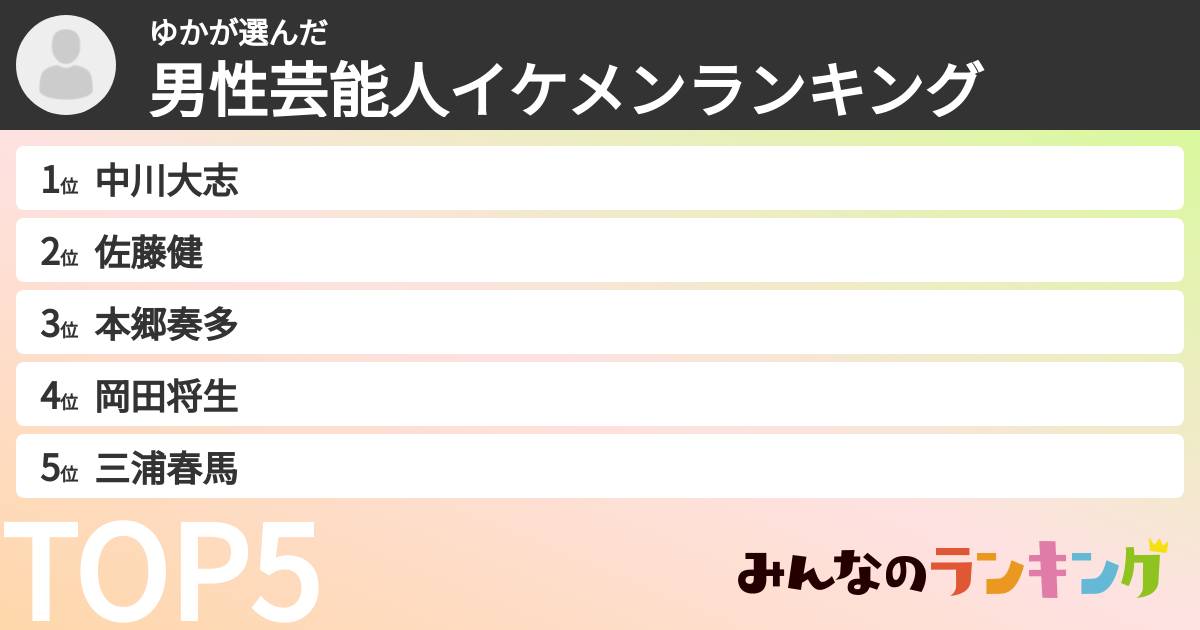 ゆかさんの「男性芸能人イケメンランキング」