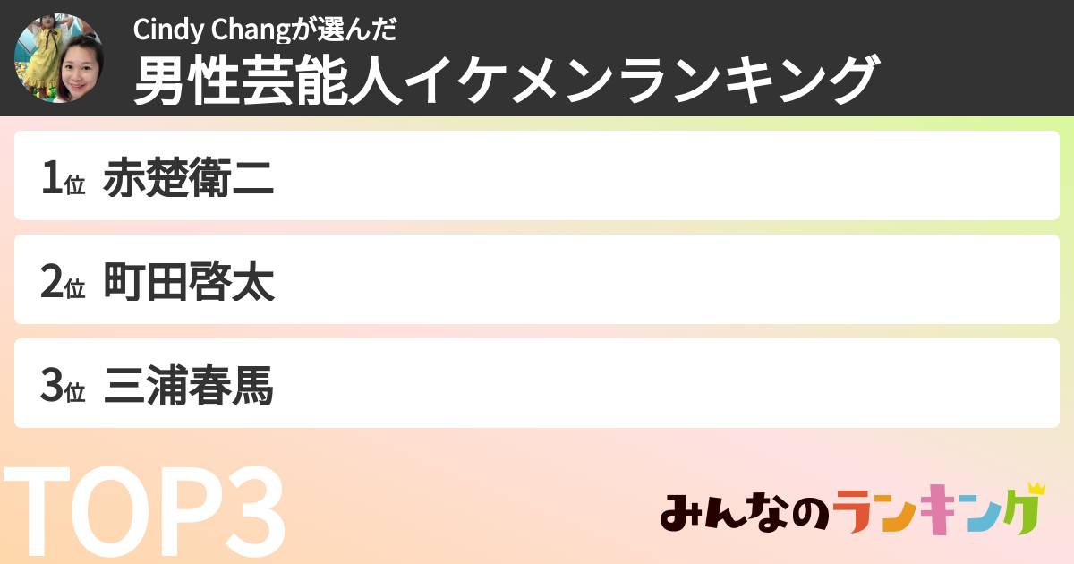 Cindy Changさんの「男性芸能人イケメンランキング」