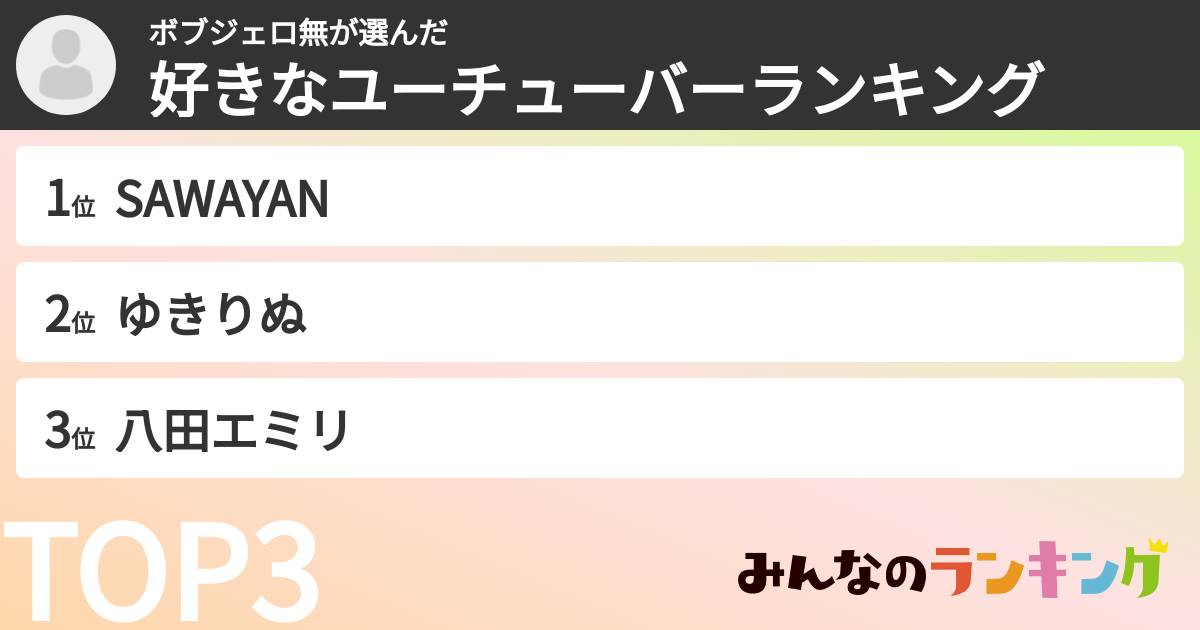 ボブジェロ無さんの「好きなユーチューバーランキング」