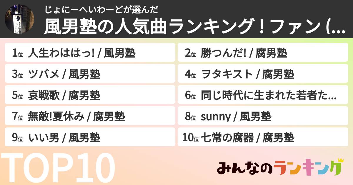 じょにーへいわーどさんの「風男塾の人気曲ランキング ! ファン (風王) おすすめの曲は ?ランキング」