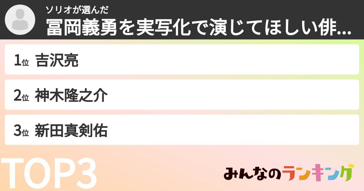 ソリオさんの「冨岡義勇を実写化で演じてほしい俳優ランキング」