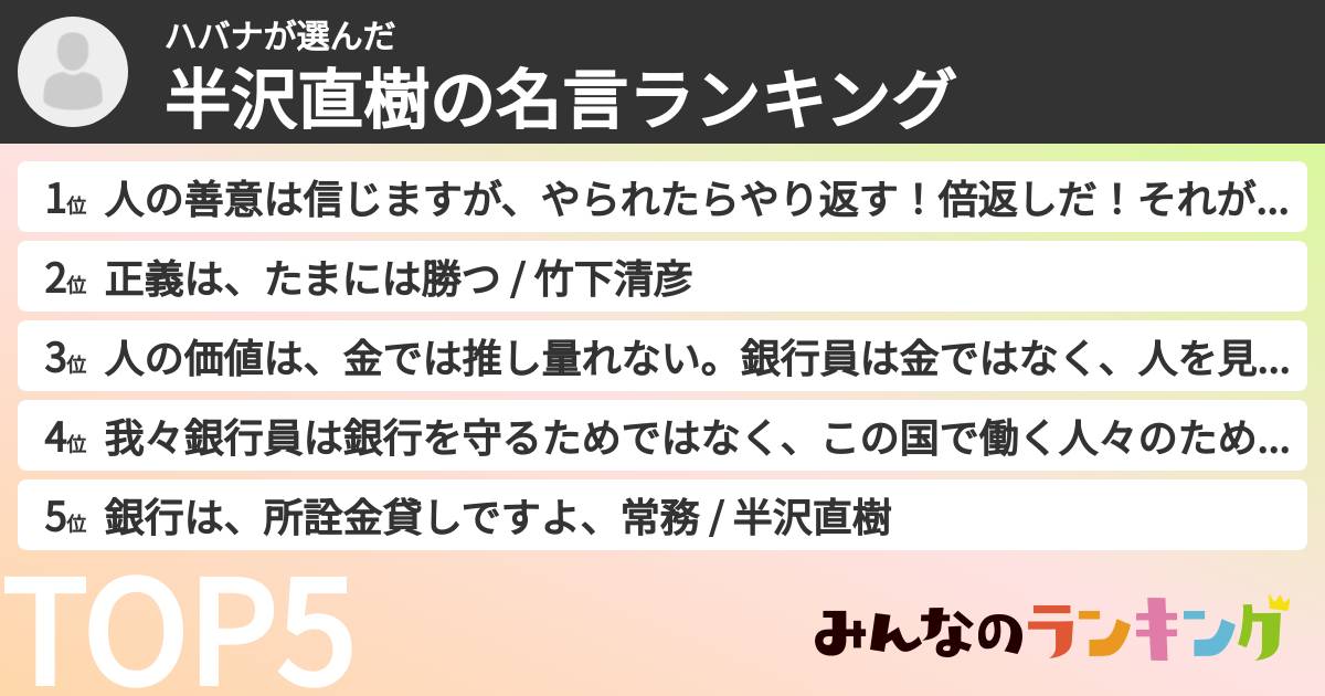 ハバナさんの「半沢直樹の名言ランキング」